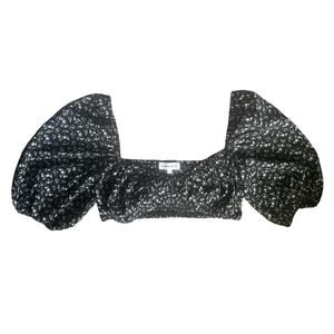 Winnie & Co. Crop Top Floral Bra Top Cropped Shirt Puff Sleeve Cinched S Black